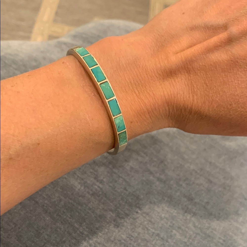 Vintage 1970’s Native American Sterling Silver and Turquoise Inlay Cuff Bracelet